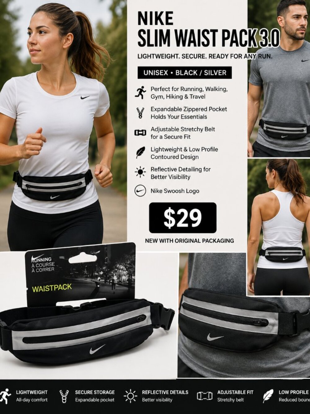🏃 Nike Slim Waist Pack 3.0 Running Belt – Black/Silver – Unisex – New With Tags